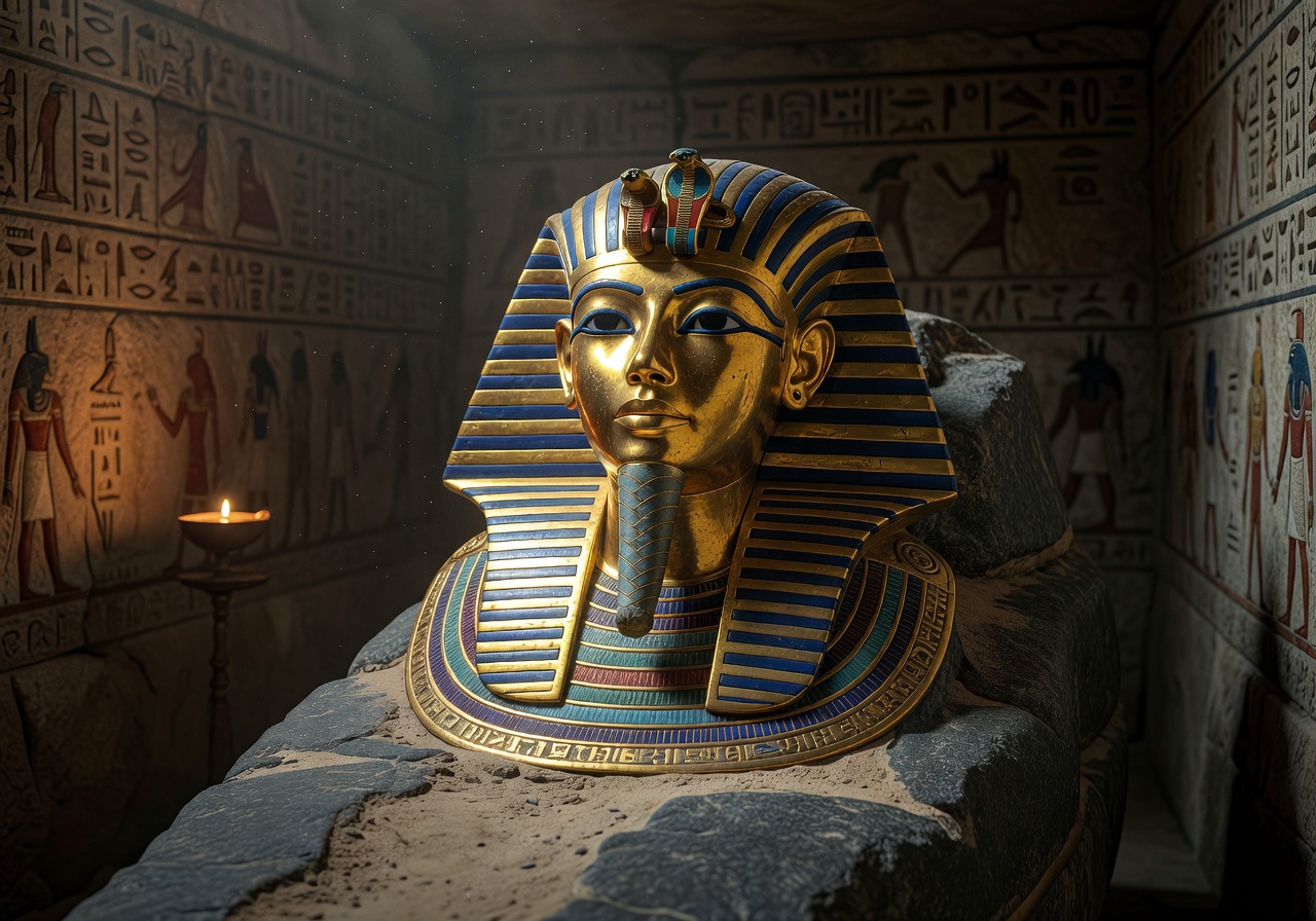 Detailed golden mask of an ancient Egyptian pharaoh resting in a tomb