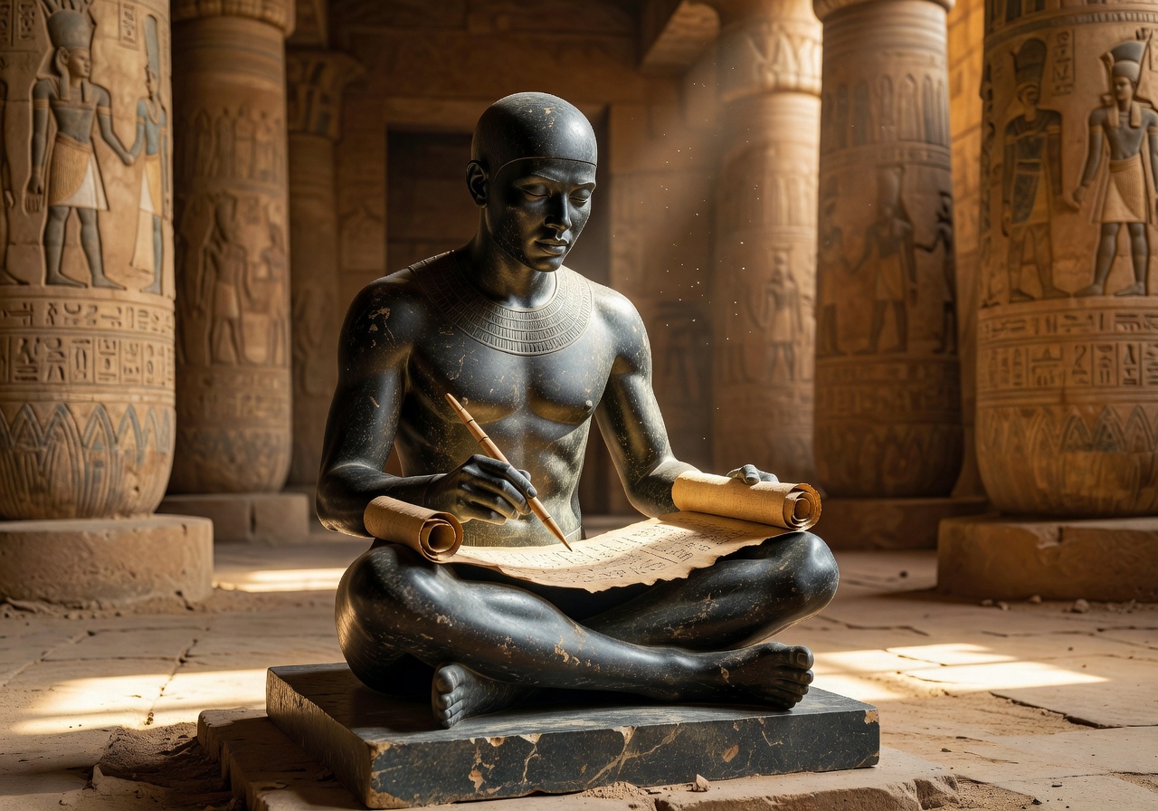 Statue of an ancient Egyptian scribe, representing communication and contact
