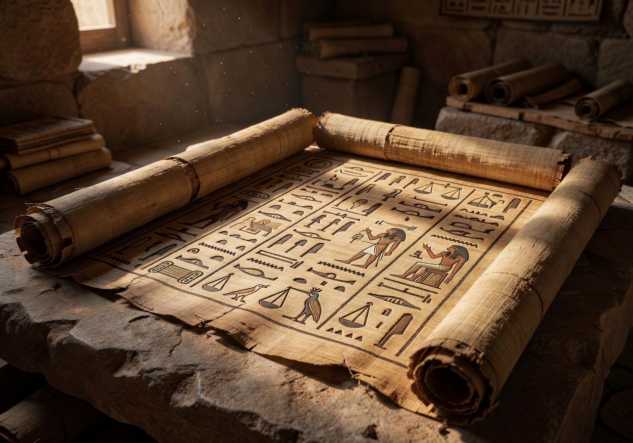 An ancient papyrus scroll with hieroglyphics representing legal terms and conditions