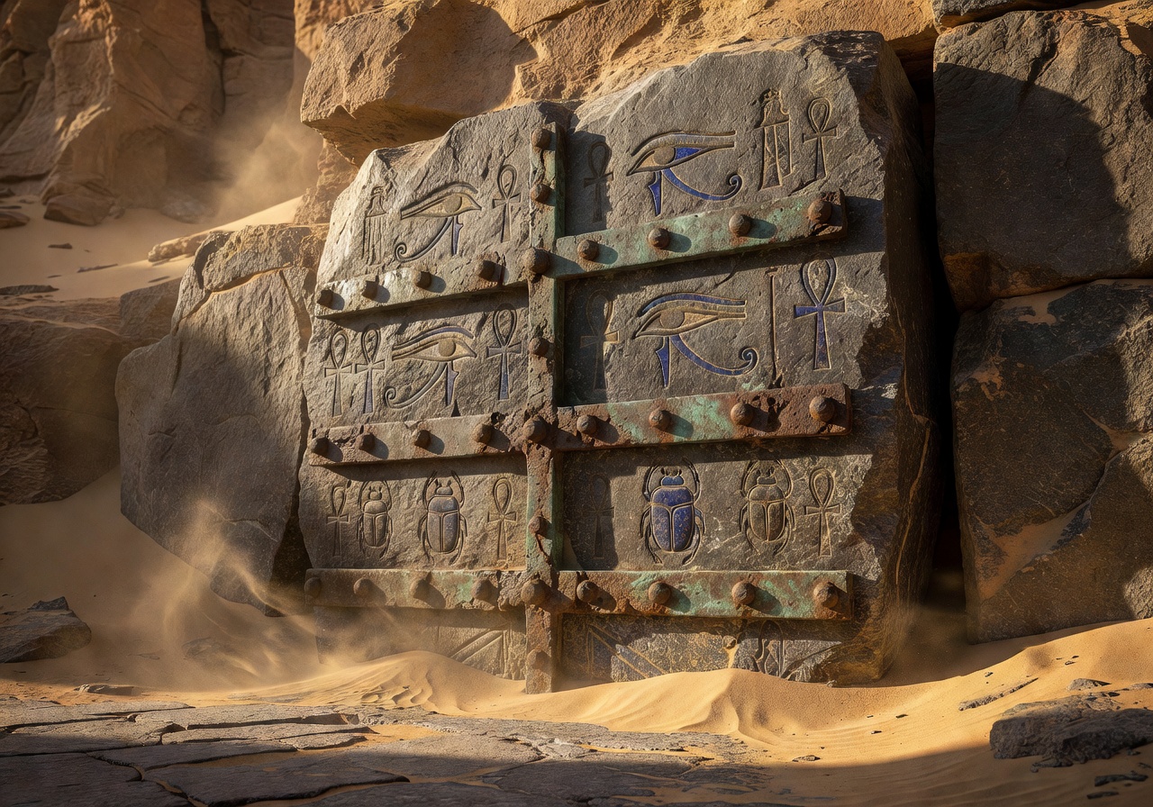 A heavy, secure stone door of an ancient Egyptian tomb symbolizing data privacy